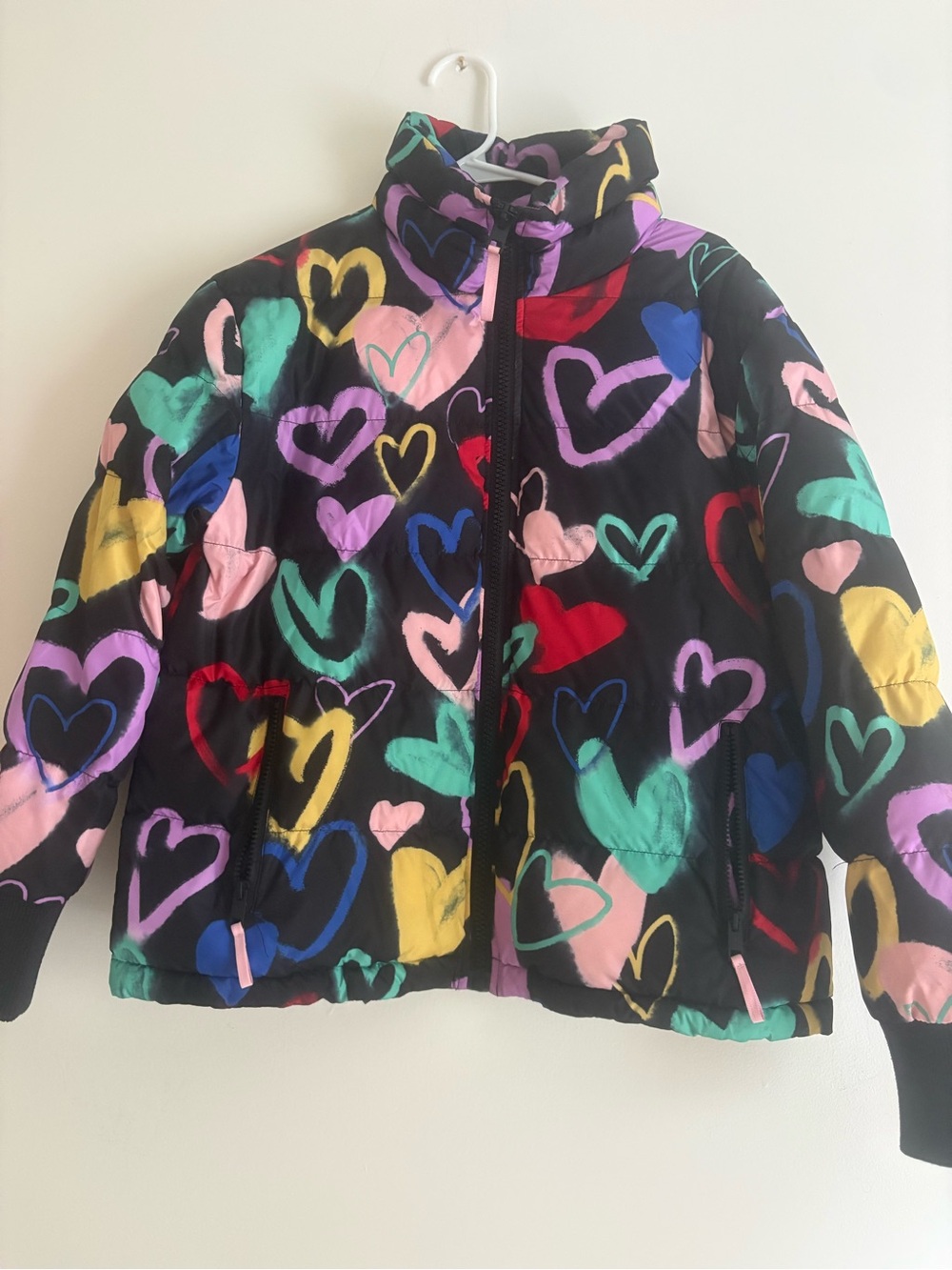 wild fable Black Puffer Jacket with Multicolor Heart Print